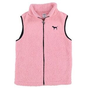 PINK Victoria's Secret Sherpa Fleece Vest Womens Small Pink Dog Logo Zip Up